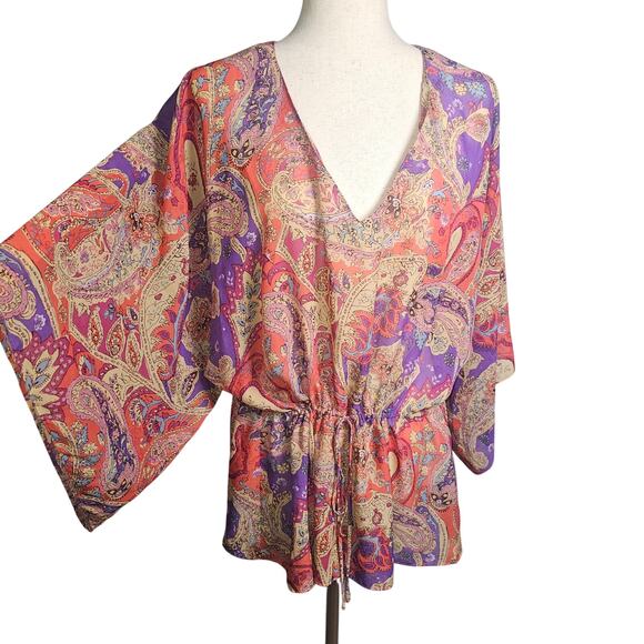 Chaps Large Paisley Floral Colorful Tunic Blouse with Drawstring Waist Lg V-Neck - Picture 1 of 10